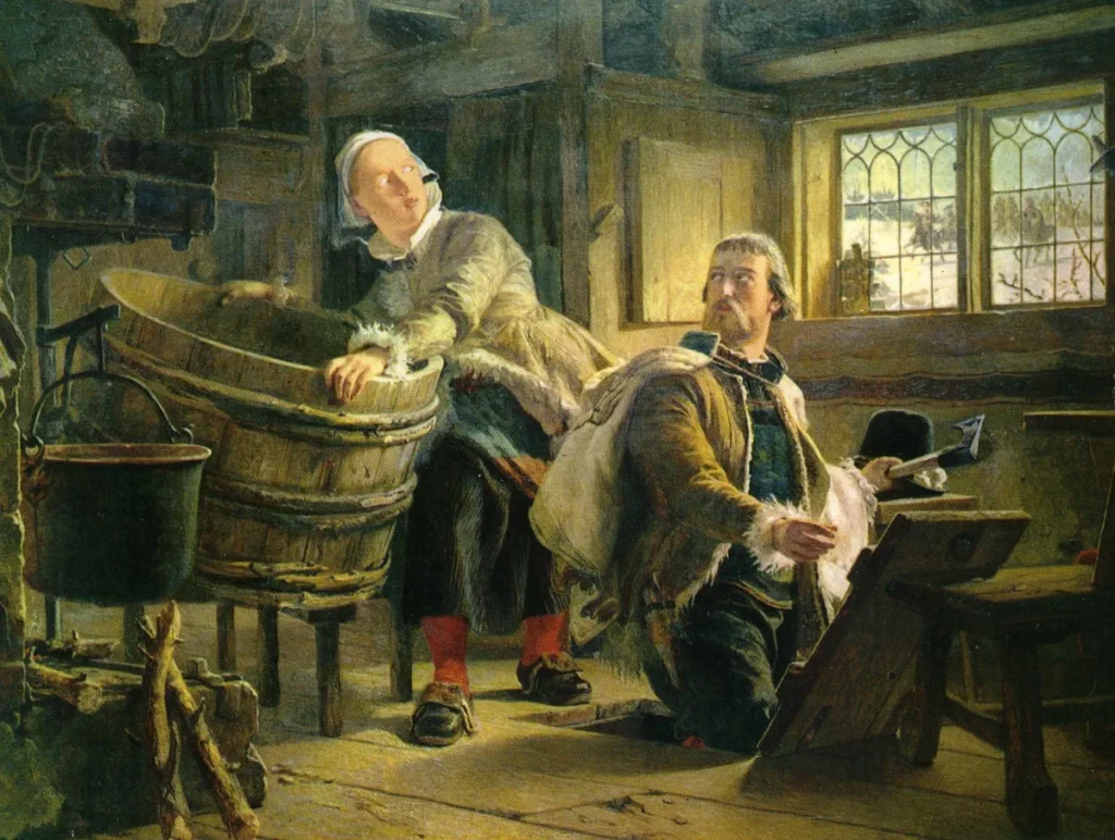 Gustav räddas ner i källaren undan danskarna; som skildrat i målningen Gustav Vasa och Tomt Margit (1860), av Johan Fredrik Höckert.